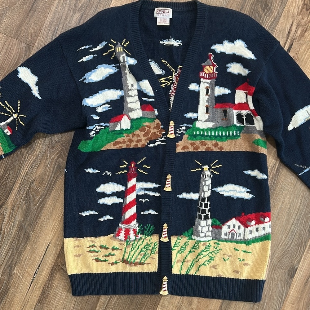 Vintage PBJ Sport Navy Blue Lighthouse Nautical Novelty Cardigan Size Large - Picture 2 of 16